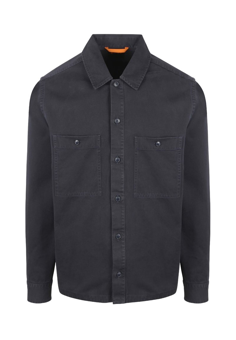 Donkergrijs overhemdbloes gemaakt van katoen. Voorzien van twee borstzakken en een puntige kraag. Soepele textuur met een klassiek design.