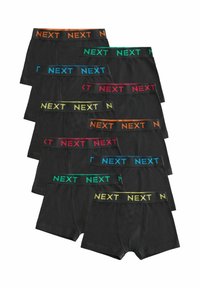 Svarta boxerkalsonger med flerfärgad elastisk midja. Har livfulla "NEXT"-logotyper i orange, grön, blå, rosa och gul.