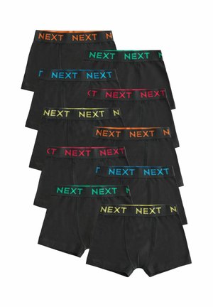 Boxer shorts neri con elastiche multicolori in vita. Presentano logo "NEXT" vivaci in arancione, verde, blu, rosa e giallo.