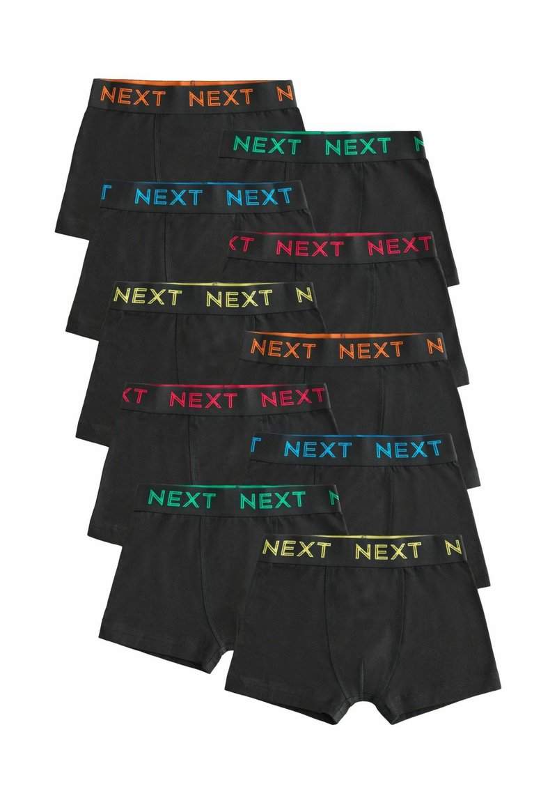 Svarta boxerkalsonger med flerfärgad elastisk midja. Har livfulla "NEXT"-logotyper i orange, grön, blå, rosa och gul.