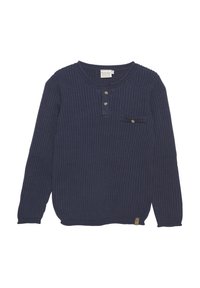 Maglione a maniche lunghe in tessuto a coste di colore blu navy con scollo rotondo, patta con tre bottoni, tasca sul petto a sinistra e un piccolo brand label sull'orlo.