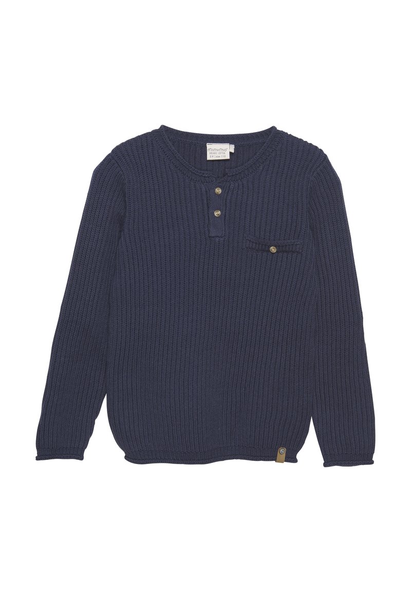 Maglione a maniche lunghe in tessuto a coste di colore blu navy con scollo rotondo, patta con tre bottoni, tasca sul petto a sinistra e un piccolo brand label sull'orlo.