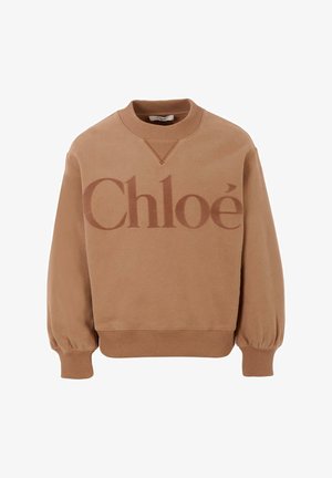 Brązowy bawełniany sweatshirt o luźnym kroju, z prążkowanymi mankietami i szerokim dekoltem. Posiada dużą, wytłoczoną logo z przodu.