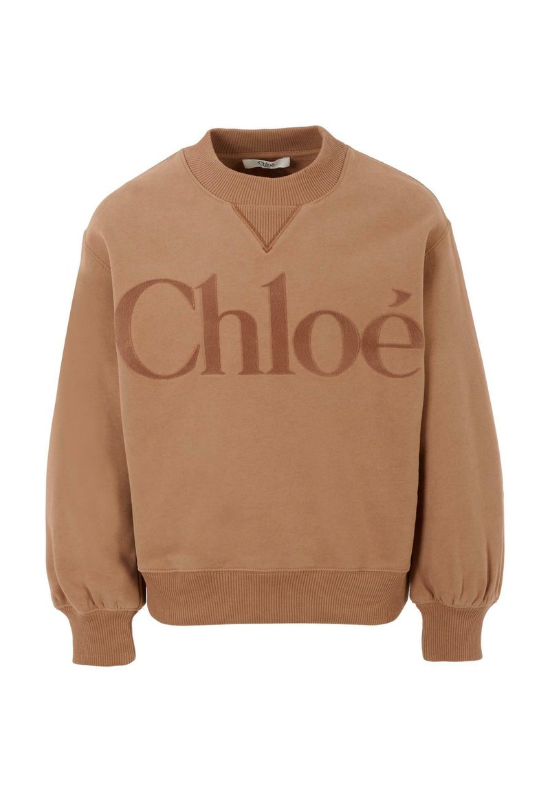 Bruine katoenen sweatshirt met een relaxte pasvorm, ribgebreide boorden en een brede halslijn. Het heeft een groter, reliëf logo op de voorkant.