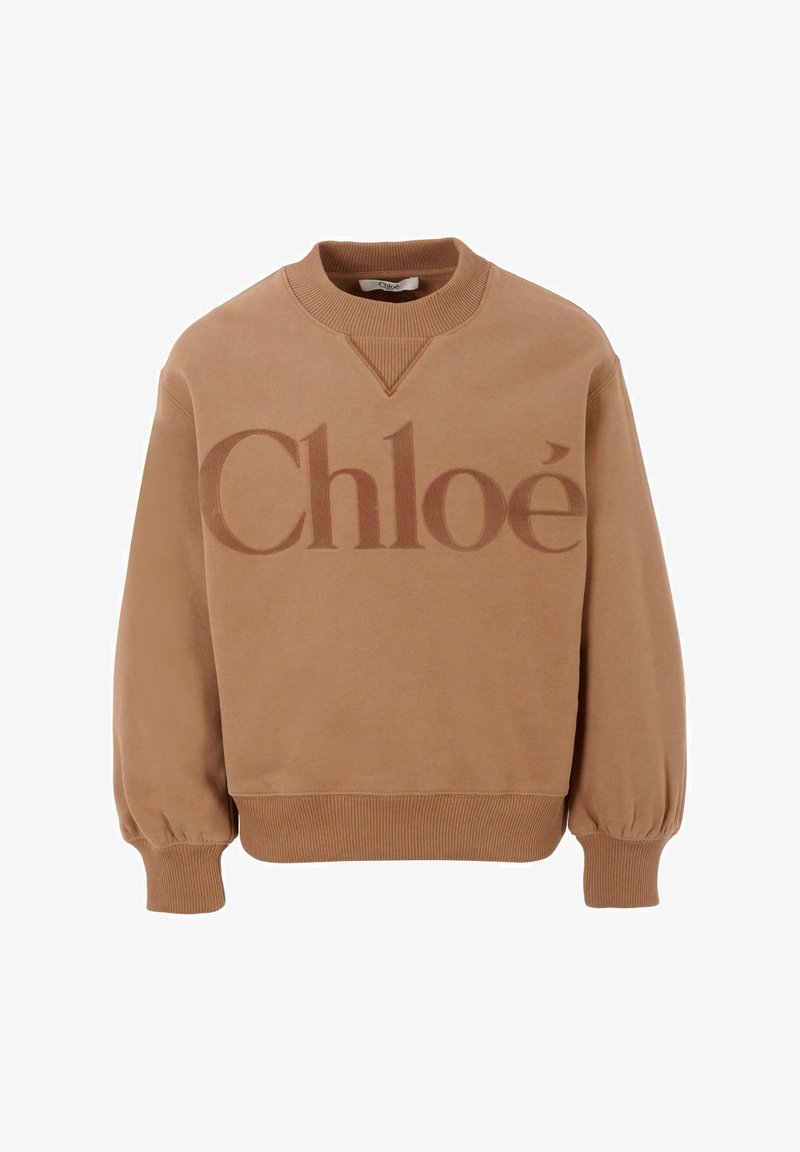 Felpa in cotone marrone con vestibilità rilassata, polsini a coste e scollatura ampia. Presenta un logo in rilievo più grande sul davanti.