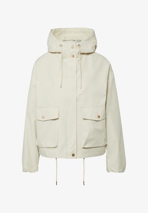 Roomkleurig jack met capuchon, voorzakken met klep, drukknopen en verstelbare trekkoorden aan capuchon en zoom.