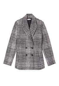 Double-breasted blazer in black and white houndstooth pattern. Features structured shoulders, notched lapels, and four front buttons.