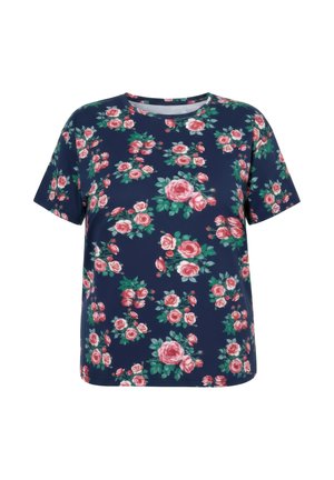 Granatowy t-shirt z krótkim rękawem z wzorem różowych róż oraz zielonych liści rozmieszczonych na tkaninie.