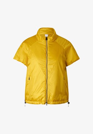 Doudoune à manches courtes de couleur jaune vif avec une fermeture éclair frontale, un col montant, deux poches latérales zippées et des cordons ajustables à l'ourlet.
