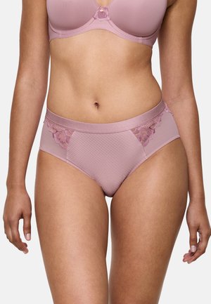 Mauve hoogsluitende slipjes van textuurstof, met mesh accenten en bloemenkantdetails aan de zijkanten. Glad tailleband voor comfort.