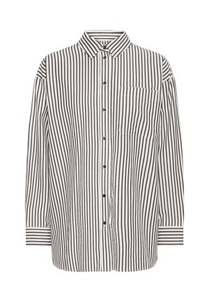 Stribet skjorte med knapper i hvid og sort, med lange ærmer, krave, frontlomme og en afslappet pasform. Tekstureret stof.