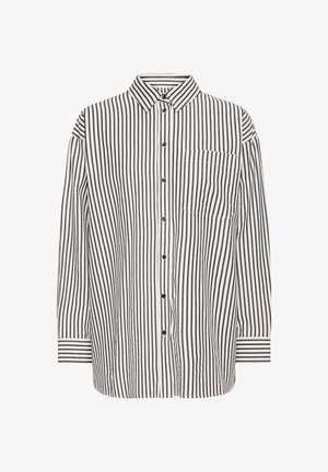Valge ja musta triibuline nööpidega särk, millel on pikad varrukad, krae, esitasku ja mugav lõige. Tekstuuriga kangas.
