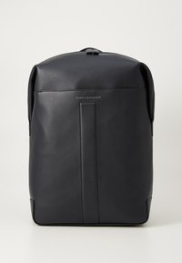 Black leather backpack with a smooth texture, rounded top design, subtle branding in the center, and reinforced corners for durability.