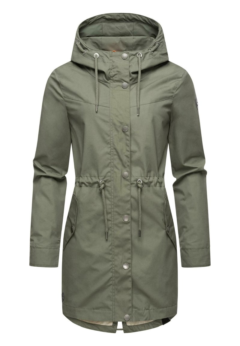 Manteau vert olive avec capuche, taille à cordon, fermeture éclair et boutons-pression. Comprend des poches latérales et un intérieur doublé.