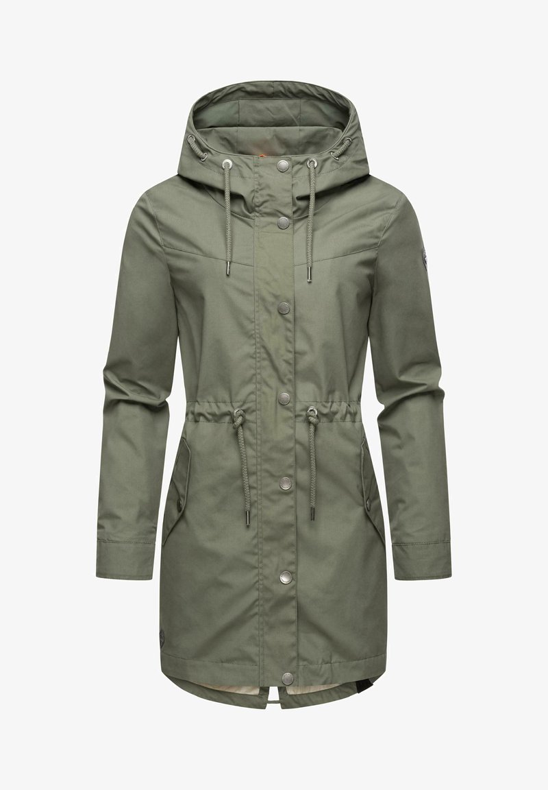 Olive green coat with a hood, drawstring waist, zipper, and snap button closure. Features side pockets and a lined interior.