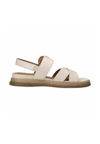 Beige leather sandal with three crisscross straps, open back, and a flat cork sole. Notable for its minimalist design and smooth texture.