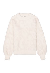 Suéter difuso color crema claro con una textura suave, escote redondo, mangas globo y un patrón sutil en toda su superficie.