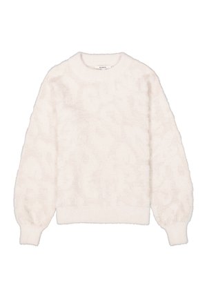 Fuzzy, light cream sweater featuring a soft texture, round neckline, balloon sleeves, and a subtle pattern throughout.
