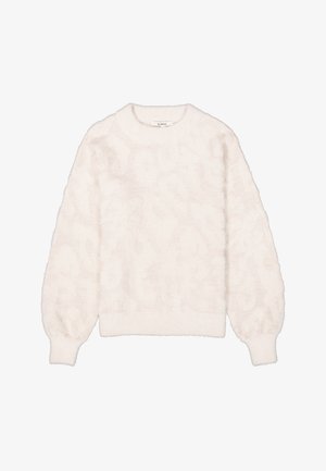 Suéter difuso color crema claro con una textura suave, escote redondo, mangas globo y un patrón sutil en toda su superficie.