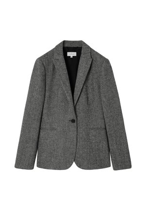 Blazer grigio in misto lana con rever a lancia, chiusura a un bottone e due tasche frontali. Tessuto testurizzato con un motivo delicato.