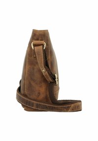 Brown leather bag with a textured finish, featuring a woven strap, a side buckle, and a rounded base design.
