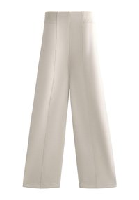 Široke krem hlače iz mehke tkanine, z elastičnim pasom z teksturo in navpičnimi šivi za dodaten dizajn.