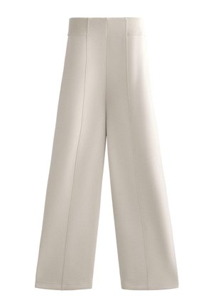 Broek met brede pijpen in crèmekleur, gemaakt van zachte stof, met een gestructureerde, elastische tailleband en verticale naaddetails voor extra design.