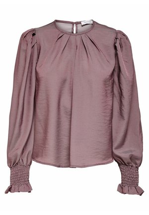 Blouse van mauve satijn met lange mouwen, geplooide inzet, opgepofte schouders, geplooide manchetten en een kleine knoopsluiting aan de achterkant van de halslijn.