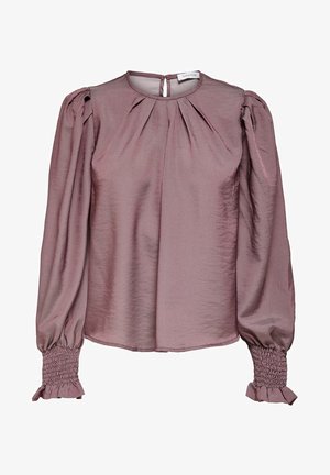 Blouse van mauve satijn met lange mouwen, geplooide inzet, opgepofte schouders, geplooide manchetten en een kleine knoopsluiting aan de achterkant van de halslijn.