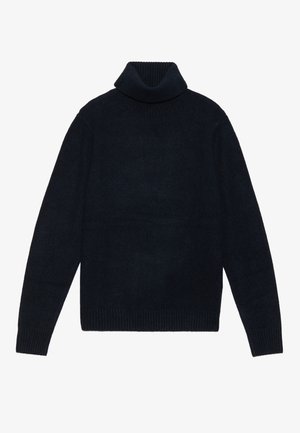 Temno-modra pulover z visokim ovratnikom iz mehkega pletenega materiala, z rebrastim ovratnikom in manšetami, sproščenega kroja in minimalističnega dizajna.