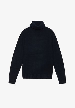 Temno-modra pulover z visokim ovratnikom iz mehkega pletenega materiala, z rebrastim ovratnikom in manšetami, sproščenega kroja in minimalističnega dizajna.
