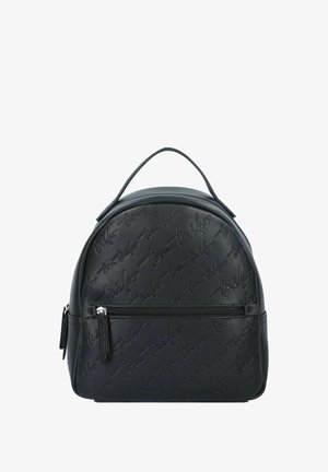 Črn nahrbtnik iz sintetičnega usnja z vklesanim logotipom, okrogle oblike, zgornjo zanko in sprednjim žepom na zadrgo s pom-pom detajli.