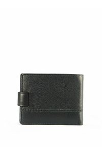 Czarny skórzany portfel o fakturowanej powierzchni, prostokątnym kształcie i zapięciu na boczną klapkę. Posiada widoczne przeszycia wzdłuż brzegów.