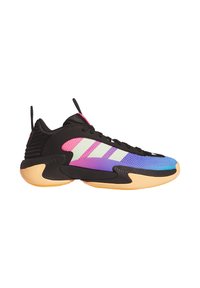 Zwarte sportschoen met een veelkleurige mesh bovenzijde met blauwe, paarse en roze accenten, en een gestructureerde rubberen zool.