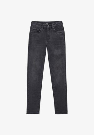 Black denim jeans with a straight leg cut, featuring five-pocket design and subtle fading. Made of cotton with a slight stretch.