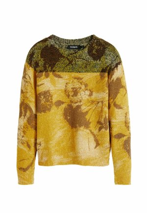 Strickpullover mit einem gelb-braunen Blumenmuster, grünem Akzent am Halsausschnitt und einem lässigen Schnitt mit gerippten Bündchen und Saum.