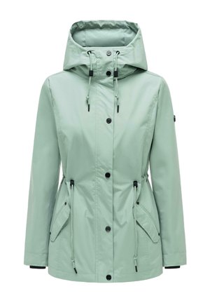 Jachetă de ploaie verde deschis cu glugă pentru femei, cu nasturi în față, talie reglabilă cu șnur, buzunare cu clapetă și șnururi reglabile la glugă.