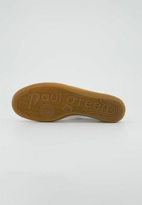 Sohle eines Schuhs aus hellbraunem Gummi, mit einem strukturierten Muster und dem geprägten Markennamen "paul green" in einem kreisförmigen Design.