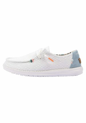 White lace shoes with a textured pattern, light blue heel accent, and orange and green details. Lightweight sole for flexibility.