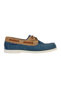 Scarpe da barca in suede blu con un accento in pelle marrone. Presentano cuciture bianche, lacci marroni e una suola in gomma bianca. Logo sul lato.