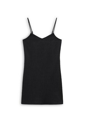 Robe noire ajustée sans manches avec des bretelles fines et ajustables, un décollet�é en V, une texture côtelée et une silhouette cintrée.