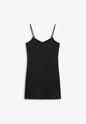 Black slip dress featuring thin adjustable straps, a V-neckline, a ribbed texture, and a fitted silhouette.