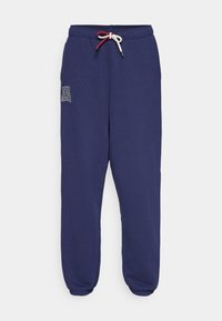 Sötétkék pamut keverék joggerek, állítható derékkal, rugalmas mandzsettákkal és egy kis logóval a bal oldalon.