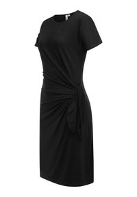 Zwarte korte mouwen knielange jurk met ronde hals, met een knoopdetail aan de zijkant dat een geplooide drapering aan één kant creëert.