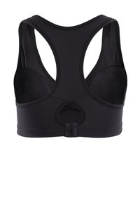 Sujetador deportivo negro con diseño de espalda de nadador, con cierre de gancho y detalle recortado. Fabricado con material suave y elástico para mayor comodidad.