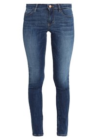 Jeans de mezclilla azul oscuro con un corte slim, que cuentan con un diseño clásico de cinco bolsillos, un ligero desvanecimiento y un cierre de un solo botón en la cintura.