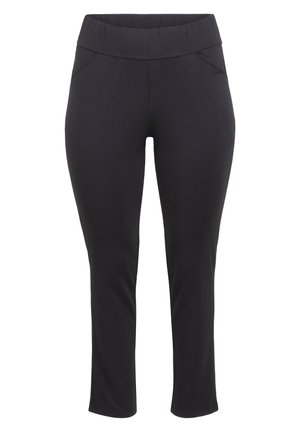 Sort tætsiddende bukser lavet af strækbart stof. Har en bred talje og to forlommer med en ren finish. Forkortet længde.