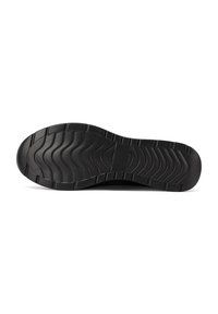 Suela de zapato de goma negra con un patrón de banda de rodadura ondulado, con un acabado liso y mate, diseñada para ofrecer tracción y durabilidad.