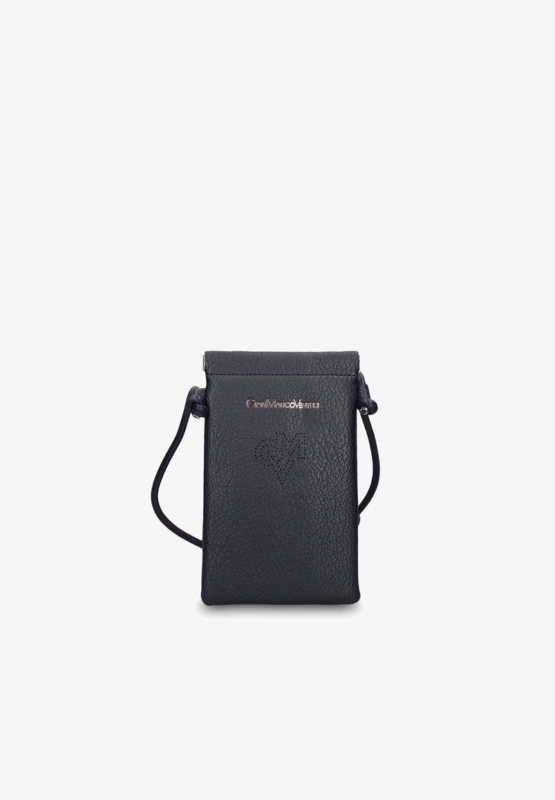 Kleine schwarze Umhängetasche aus strukturiertem Leder mit GianMarco Venturi Logo und dezentem Perforationsdesign auf der Vorderseite.