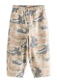 Pantalon camouflage aux teintes beige, grises et roses, doté d'une taille élastique, de poches avant et d'une coupe décontractée.